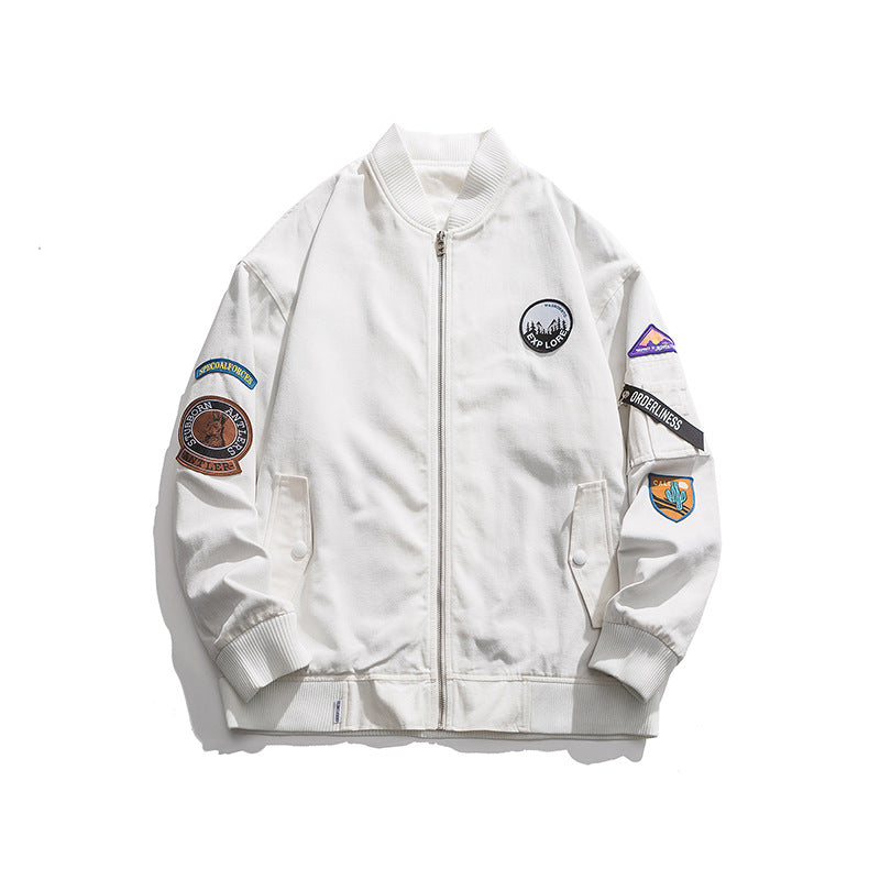 Men's Spring Men's Jacket Neutral plus Size Retro Sports Patch White Baseball Collar Coat Workwear Tops Men Jacket