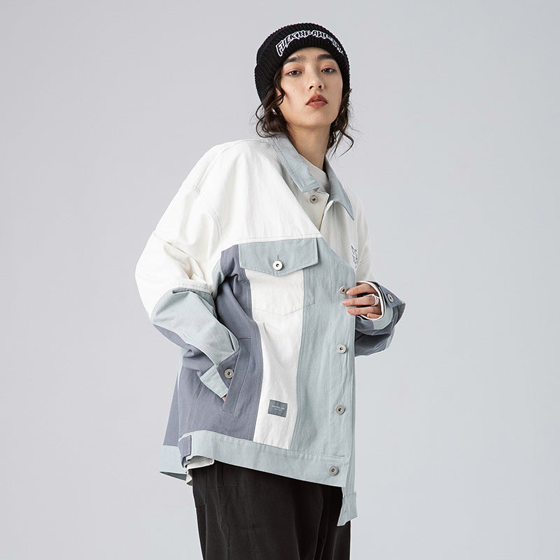 Men's Spring Large Size Sports Contrast Color Stitching Lapel Monochrome Jacket Men's Retro Jacket Youth Jacket Men Jacket