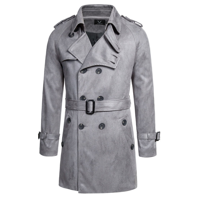 Men's Casual Mid-Length Trench Coat Suede Coat Double-Breasted Coat Men Winter Outfit