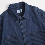 Men Shacket Long Sleeve Autumn Shirt Autumn Vintage Mixed Color Stripe Patch Pocket Denim Shirt