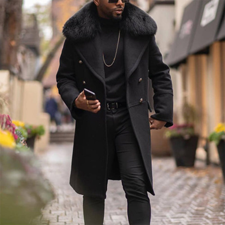 Woolen Coat Men's Big Fur Collar Casual Black Slim Coat