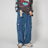 Mens Fall Outfits Corduroy Overalls Loose Straight Drawstring Ankle-Tied Wide-Leg Pants