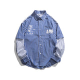 Men Shacket Long Sleeve Autumn Shirt Autumn Leisure Contrast Color Stripe Stitching Loose Shirt