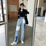 Harajuku Clothing Men Classic Retro Pants Straight Leg Pant Stitching High Waist Loose Men and Women Denim Straight-Leg Trousers