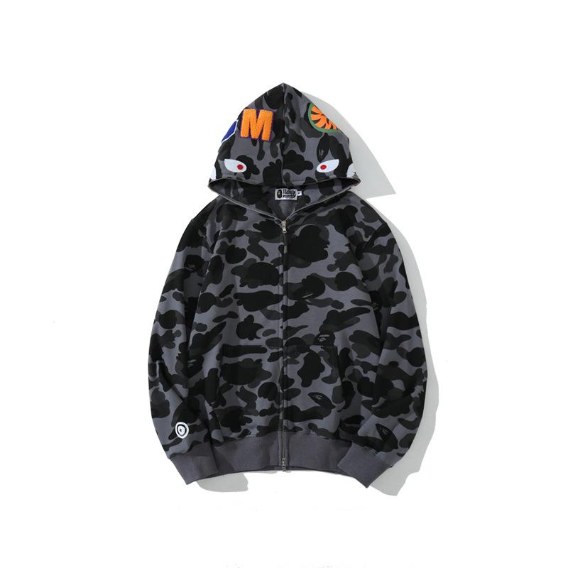 A Ape Print Hoodie Autumn and Winter Shark Head Terry Sweater Men's and Women's Casual Camouflage Thin Sweater Baggy Coat