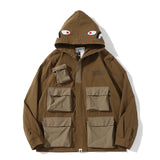 A Ape Print Jacket Autumn and Winter Multi-Pocket Workwear Jacket Hooded Coat