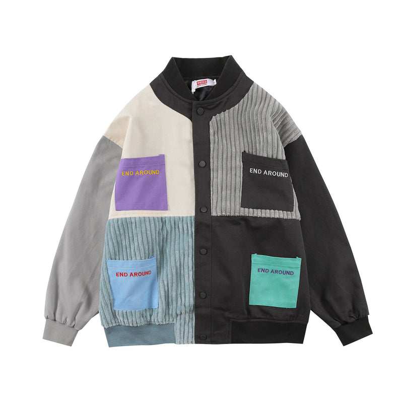 80's Colorful Leather Jacket Irregular Contrast Color Patchwork Loose Long Sleeves Outerwear Retro Couple Jacket