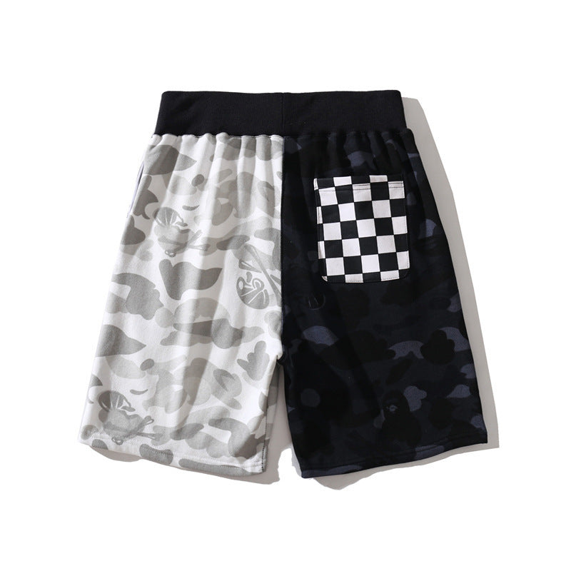 A Bath Ape Shorts Black and White Color Matching Cotton Terry Trendy Men's Shorts