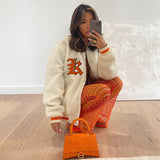 Cheerleader Letterman Jacket Embroidered Color Contrast Patchwork Loose Lapel Single Breasted