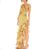 Kendall Jenner Wedding Guest Dress Hip Skirt Oblique Shoulder Floral Irregular Lotus Leaf