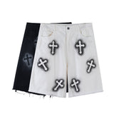 Men Jean Shorts Printed Raw Edge Denim Shorts Men's Loose Fifth Pants Summer Casual Straight-Leg Middle Pants