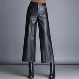 Black Leather Pants Wide-Leg Pants Women's Large Size Cropped Pants Spring Loose Straight Wide Leg Casual Pants