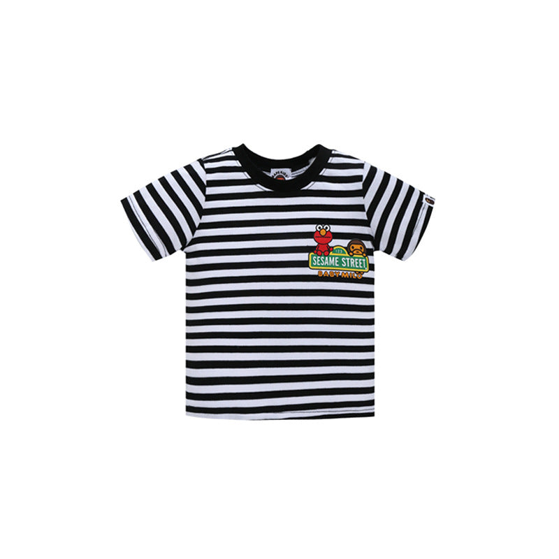 A Ape Print for Kids T Shirt Sesame Street Striped T-shirt Children's Short Sleeve