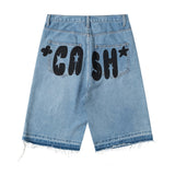 Men Jean Shorts Letter Printed Raw Edge Denim Shorts Men's Loose Street Straight Bermuda Shorts