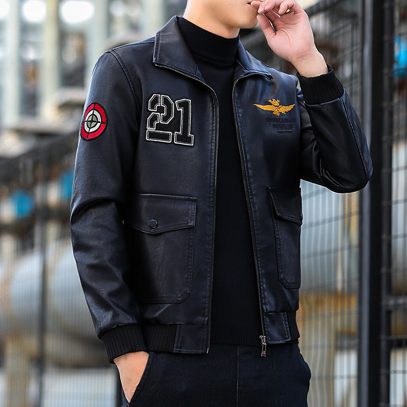 Hand Painted Leather Jackets Autumn and Winter Men's Coat Fleece Padded Coat Motorcycle Clothing