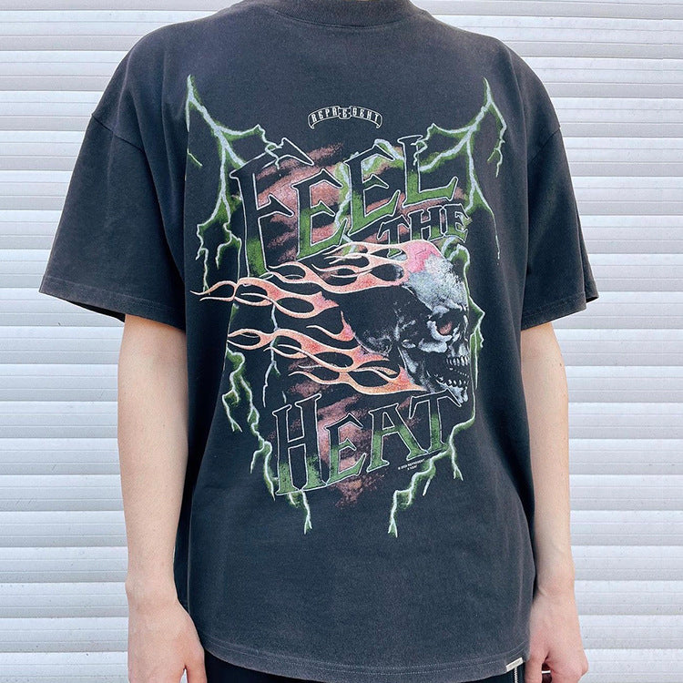Present Letter Print T Shirt Present Parade Vintage Lightning Skull Washed Half Sleeve Vintage Casual round Neck Couple Short Sleeve T-shirt