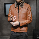 80's Leather Jacket Winter Leather Coat Men's Fleece-Lined Warm Middle-Aged Lapel Leather Jacket Coat