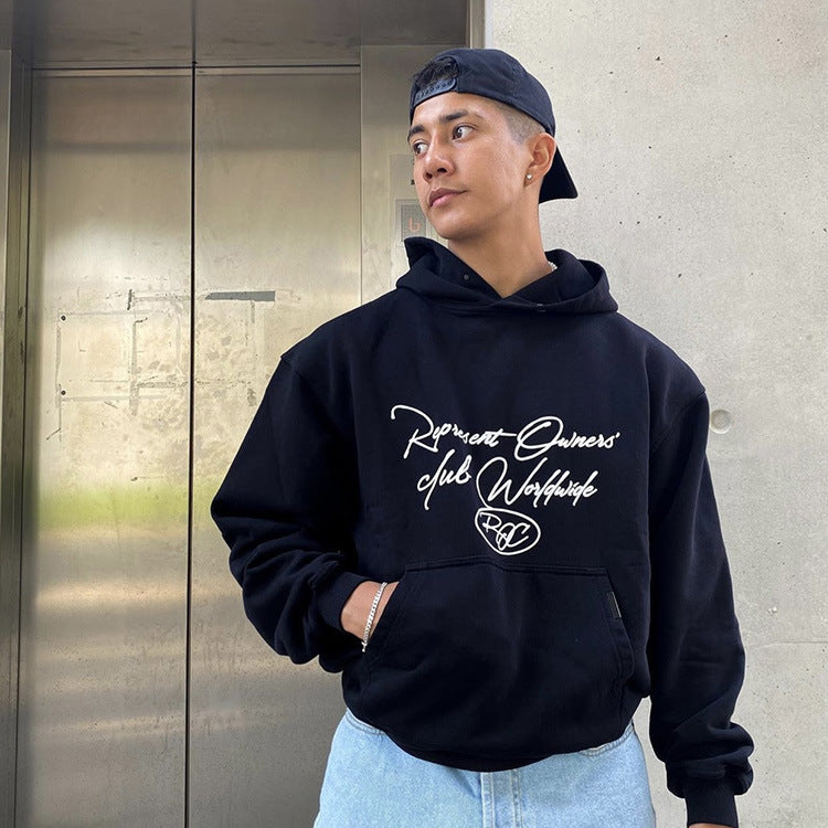 Present Letter Print Hoodie Letter Slogan Vintage Print Hooded Sweater Loose Couple Terry Hoodie