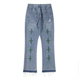 Mens Fall Outfits High Street Alphabet Embroidery Ripped Denim Pants Casual Retro Bootleg Pants