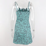 Green Fairycore Dress Summer Vintage Printed Low-Cut Lace Strap Dress