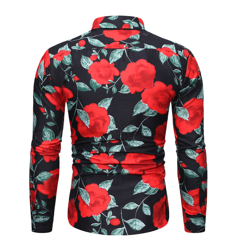 Large Size Sports Four Seasons Men's Long Sleeve Printed Shirt Personality Fashion Flower Shirt Men Shirt