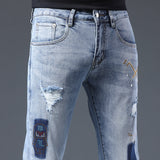 Men Distressed Jeans Man Ripped Jean Destructed Denim Pants Man Spring Summer Jeans Spring Slim-Fitting Stretch Patch Jeans Men's Trend Men Jeans