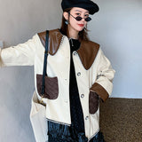 Urban Leather Jacket French Pearl Trim Contrast Color Sailor Collar Leather Profile Loose Jacket Leather Coat
