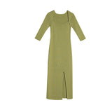 Green Fairycore Dress Retro Autumn Square Collar Knitted Dress Tight Waist Hip Split Mid-Length Skirt