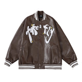 Two Tone Leather Jacket Letter Embroidered Long Sleeve Baggy Coat Men's and Women's Leather Baseball Uniform