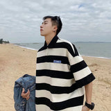 Men Polo Shirts Striped Short Sleeve Polo Collar Top