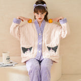 Kuromi Pajama Set Pajamas Women Flannel Winter Thickened Velvet Padded Warm Cartoon Clow M Cardigan Sweet Home Wear Suit