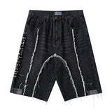 Men Jean Shorts Frayed Hem Design Denim Shorts Men's Decorative Rivets Casual Straight-Leg Middle Pants