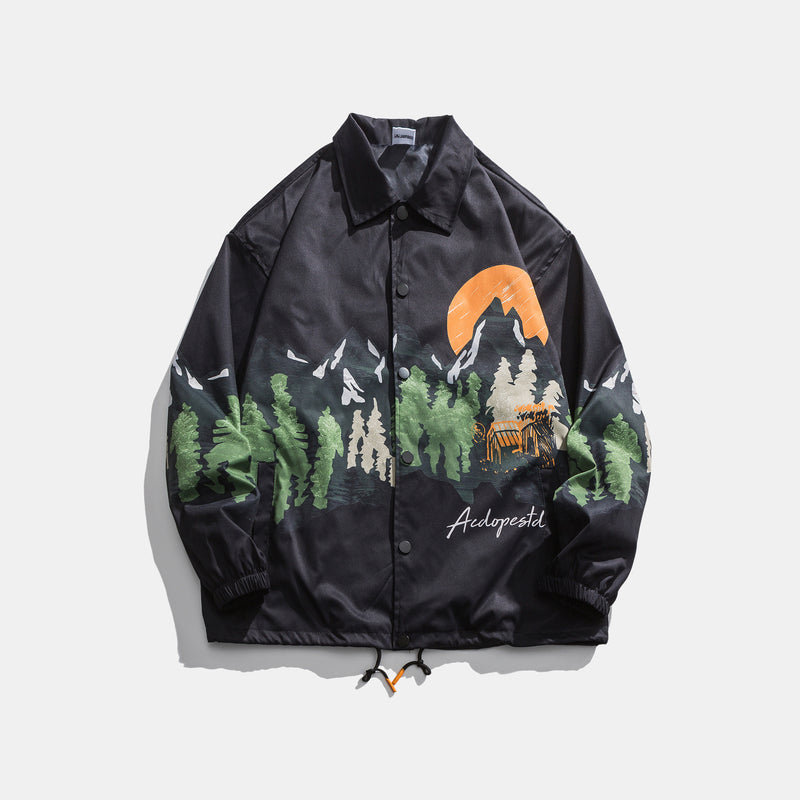 Men's Spring plus Size Retro Sports Jacket Men's Forest Sun Print Green Casual Jacket Men Coat