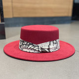Cam Newton Hats British Woolen Flat Top Hat Women's Autumn and Winter Pattern Ribbon Retro Fedora Hat