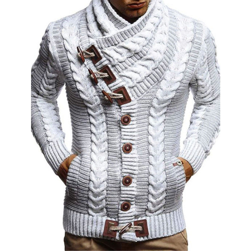 Men's Turtleneck Buttons Horn Button Leather Ring Knitted Cardigan Sweater