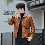 80's Leather Jacket Autumn and Winter Fleece Padded Coat Men's Lapel Leather Jacket Coat Motorcycle Clothing