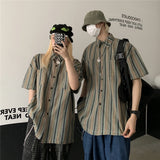 Harajuku Clothing Men's Casual Shirts Summer Vintage Stripe Short Sleeve Loose Shirt Men's and Women's Casual Cardigan Top