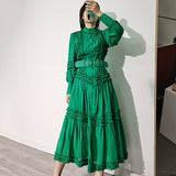 Green Fairycore Dress Autumn Stand Collar High Waist Midi Skirt Belt Slim-Fit Solid Color Pullover Lantern Sleeve Dress