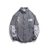 Men Shacket Long Sleeve Autumn Shirt Autumn Leisure Contrast Color Stripe Stitching Loose Shirt