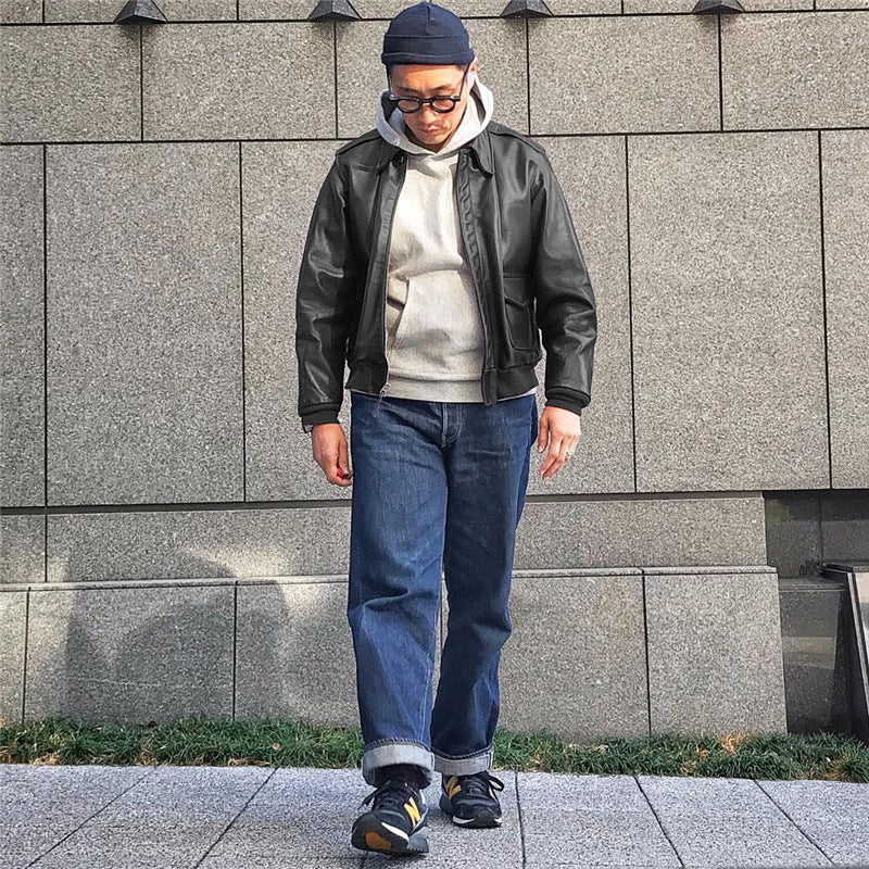 80's Leather Jacket Norman Longmei Military Uniform A- 2 Pilot Jacket Leather Coat Vintage Coat