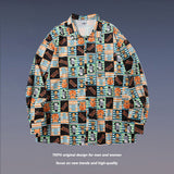 Mens Fall Outfits Vintage Long Sleeve Printed Shirt Loose Baggy Couple Shirt