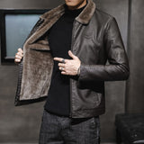 80's Leather Jacket Winter Leather Coat Men's Fleece-Lined Warm Middle-Aged Lapel Leather Jacket Coat