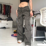 Low Rise Jeans Vintage Gray Cargo Jeans Women's Low Waist Loose Casual Trousers