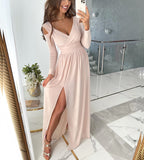 Green Fairycore Dress Autumn and Winter Long Sleeve V-neck Solid Color Hem Split Dress for Women