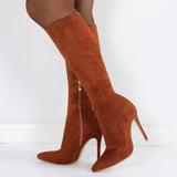 Coachella Festival Boots Spring Leather Boots Pointed-Toe Side Zip Suede Stiletto Heel Mid-Calf Stretch Boots