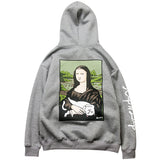 Kanye West Hoodie Hip-Hop Street Skateboard Funny Cat Spoof Mona Lisa Printed Velvet Padded Hooded Sweatshirt Hoodie