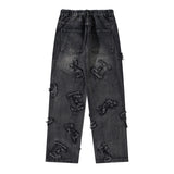Men Fall Outfits Hip Hop High Street Distressed Letters Washed Denim Trousers