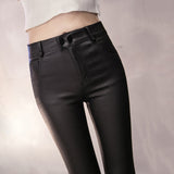 Black Leather Pants Matt Black Close-Fitting Fleece Leggings Women's Winter High Waist Slimming Skinny Pants