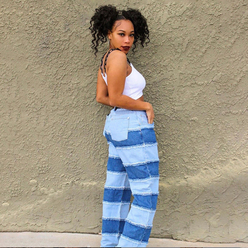 100 Cotton Jeans Women High Waist Tight High Elastic Stitching Wide-Leg Pants Women's Denim Pants