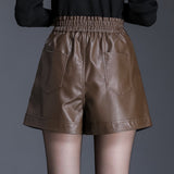 Leather Shorts Fall/Winter Elastic High Waist Slimming A- line Wide Leg Pants PU Leather Shorts